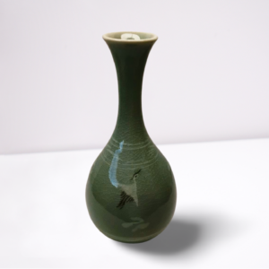 Green Celadon Vase Crane Glazed Ceramic Pottery Signed