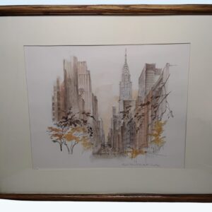 Vintage Framed Watercolor Print: NYC Chrysler Building Art by Mads Stage